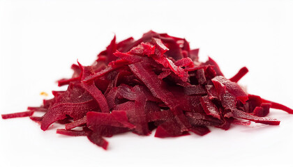 Heap of vibrant shredded beetroot on isolated white. Tasty vegetable. Organic and fresh.