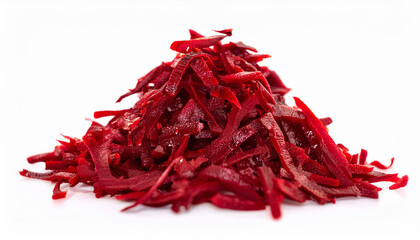Fototapeta premium Heap of vibrant shredded beetroot on isolated white. Tasty vegetable. Organic and fresh.