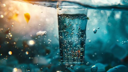 high-resolution, ultra-realistic, 4K, cinematic image of a glass cup under the water 