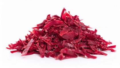 Heap of vibrant shredded beetroot on isolated white. Tasty vegetable. Organic and fresh.