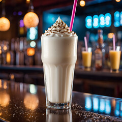 milkshake with whipped cream in a glass on the bar counter
