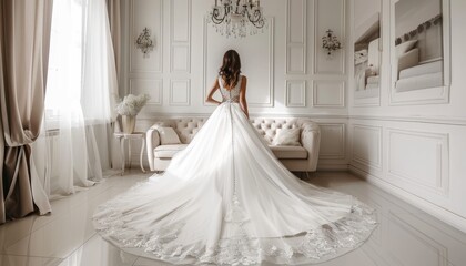 Fototapeta premium Woman Trying A Beautiful White Wedding Dress, Dess Shop Advertising Concept, Marriage Celebration