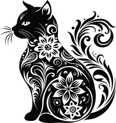 A stylized black silhouette of a cat, featuring intricate swirls, floral patterns and decorative elements