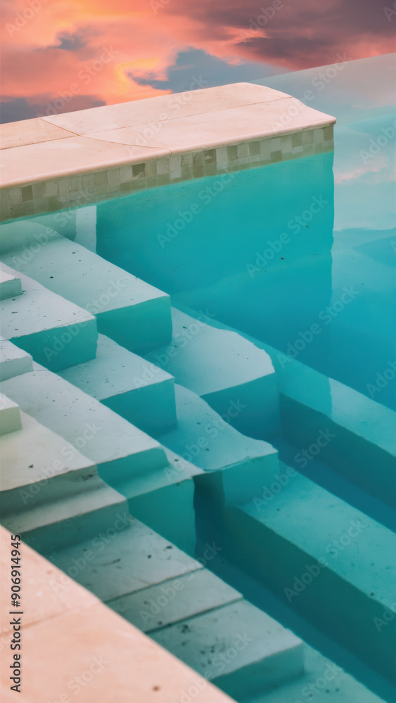 Poster a pool of water with steps leading down to it, ai