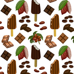 Chocolate and ice cream in a pattern.Cocoa beans and coffee, chocolate and ice cream on a transparent background in a vector seamless pattern.