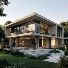 Modern house with large windows and a patio overlooking a lush green lawn.