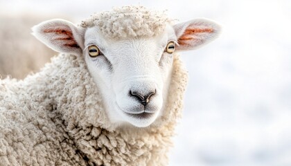 Brilliant close-up of a sheep against the background of picturesque nature