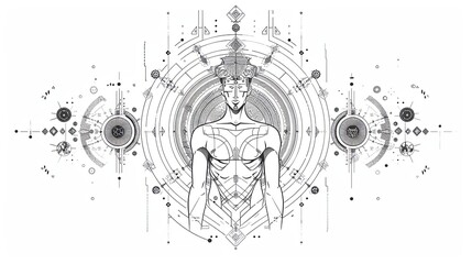 Obraz premium tattoo art line, illustrated in illustrator, perfect generation without design errors, pure white and clean background, A geometric and realistic style tattoo, featuring a combination.