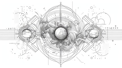 Obraz premium tattoo art line, illustrated in illustrator, perfect generation without design errors, pure white and clean background, A geometric and realistic style tattoo, featuring a combination.