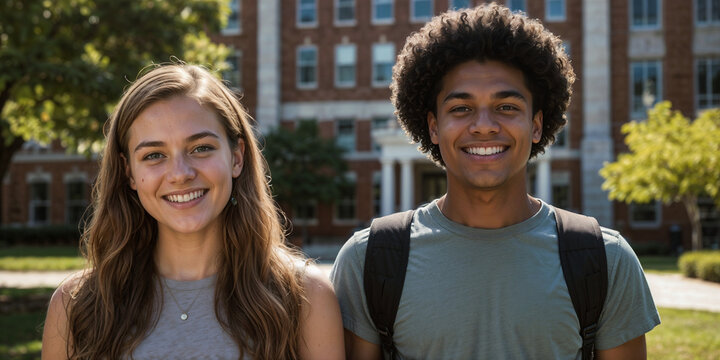 Two first-year students smile happily in front of a university building, showcasing their excitement for college life.