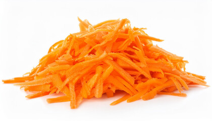 Fototapeta premium Heap of vibrant shredded carrots on isolated white. Tasty vegetable. Organic and fresh.