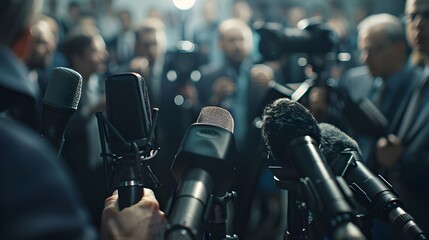 Press Conference with Microphones in Focus