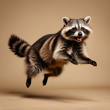 Raccoon jumping on a beige background. Studio shot.
