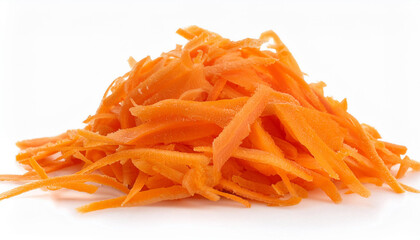 Heap of vibrant shredded carrots on isolated white. Tasty vegetable. Organic and fresh.