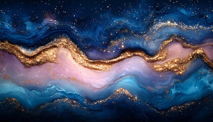 Abstract Blue, Pink, and Gold Swirls with Glitter