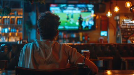 Obraz premium man with his back watching a football match in a pub with a beer