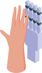 Engineer is touching a bionic hand with artificial sensors, isometric icon