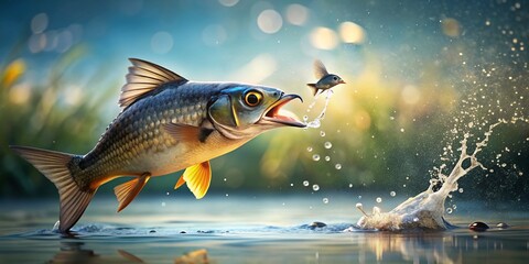 A strange bird trying to swallow a big fish AI Generative