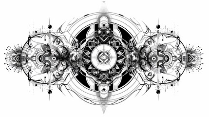 tattoo art line, illustrated in illustrator, pure white and clean background, A geometric and realistic style tattoo, featuring a combination of mythological and symbolic elements with geometric.