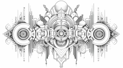 tattoo art line, illustrated in illustrator, pure white and clean background, A geometric and realistic style tattoo, featuring a combination of mythological and symbolic elements with geometric.