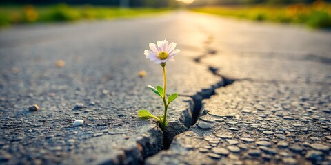 a single flower is growing out of a crack in the road Creative AI