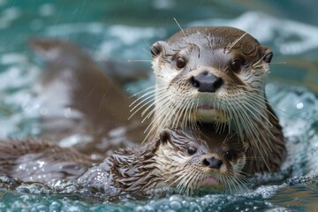 A baby otter is swimming in the water with its mother