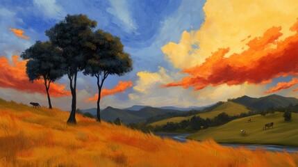 Lofi illustration of a serene forest scene with tall trees a flowing river and animals peeking out from behind bushes with sunlight streaming through the canopy