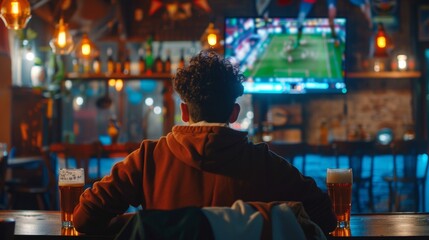 Fototapeta premium man with his back watching a football match in a pub with a beer