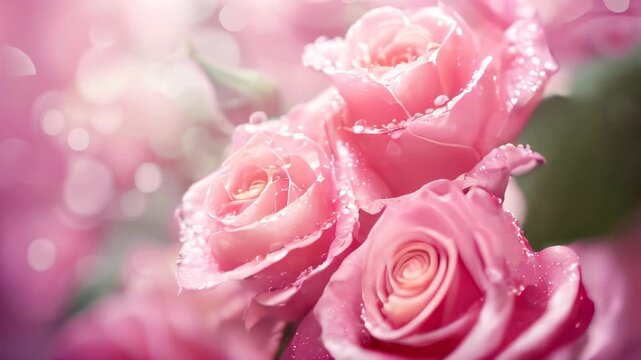 Dreamy soft-focus pink roses with morning dew.