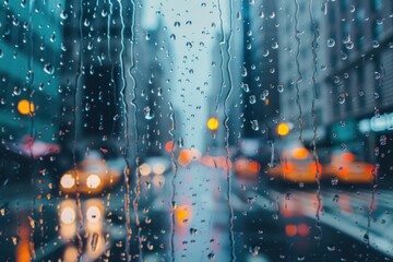 A blurry city street with raindrops on the window