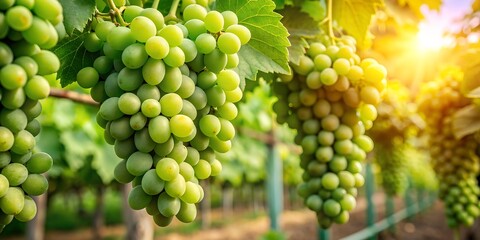 Big green bunches of grapes are ripening on the vine AI-Generated Content