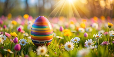 A Colorful Eggs ester floating on the flower field AI-Generated Content