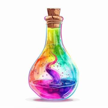 A potion bottle with rainbow liquid, magical element, colorful spectrum, vibrant illustration, isolated on white background