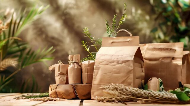 Biodegradable packaging on a wooden table with greenery.