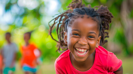 A girl joyfully laughing outdoors, wearing a red shirt, her hair in braids, looking very happy