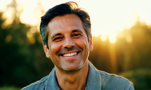 Portrait of handsome middle-aged man smiling at camera while standing outdoors