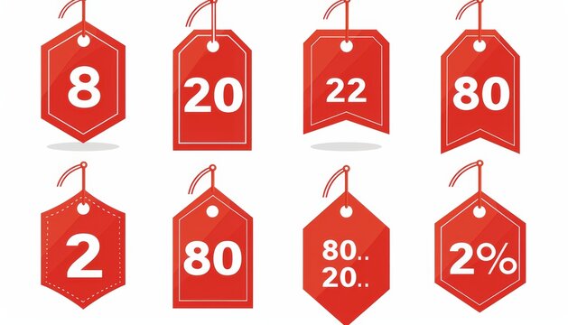 Collection of bold red sale tags featuring percentages from 20 to 80 off, enticing customers with