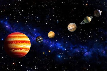 A space scene with planets and stars.