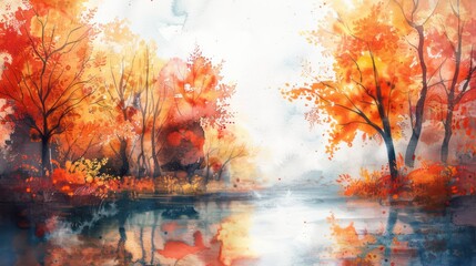 A watercolor painting of an autumn landscape with vibrant trees and a calm river, combining colors in a unique and artistic way.