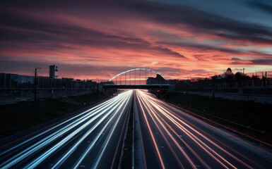 Vibrant Sunset Over Busy Highway With Light Trails and Bridge in Background