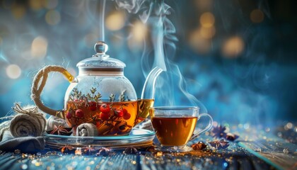 Glass teapot and mug brim with winter herbs and spices tea, releasing aromatic steam that fills