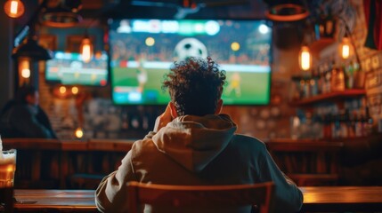 Obraz premium man with his back watching a football match in a pub with a beer