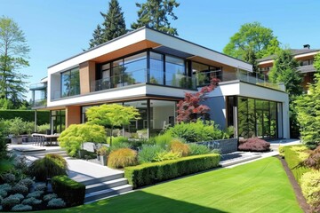 A contemporary house with a flat roof, clean lines, and a landscaped garden
