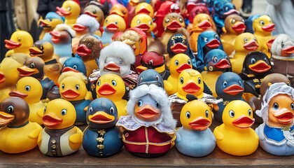 Numerous traditional rubber ducks, each adorned with the costume of a distinct character.