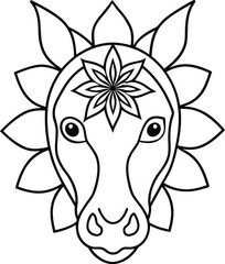 Horse head coloring page kids friendly simple line art cute horse face with mandala design