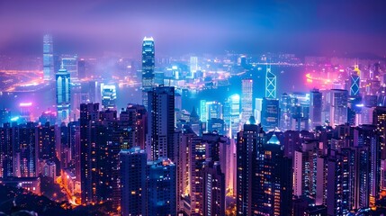 Obraz premium Futuristic Cityscape with Glowing Skyscrapers and Vibrant Lights at Night