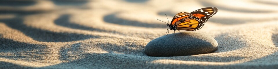 Obraz premium Serene Butterfly on Zen Garden Stone: Tranquil Nature Concept for Stress Relief and Meditation. Creative Pattern Blending Sand Designs and Delicate Insect, Symbolizing Harmony and Mindfulness Away fro