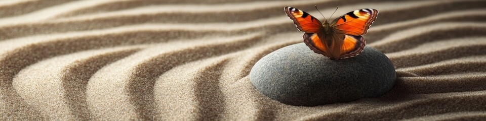 Serene Butterfly on Zen Garden Stone: Tranquil Nature Concept for Stress Relief and Meditation. Creative Pattern Blending Sand Designs and Delicate Insect, Symbolizing Harmony and Mindfulness Away fro