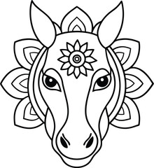 Horse head coloring page kids friendly simple line art cute horse face with geometric flower mandala design pattern minimal clipart art KDP coloring interior