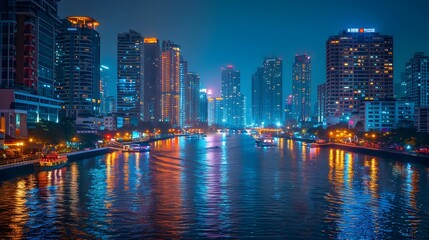 Naklejka premium Mesmerizing Nighttime City Skyline with Colorful Reflections on the River and Cruising Boats